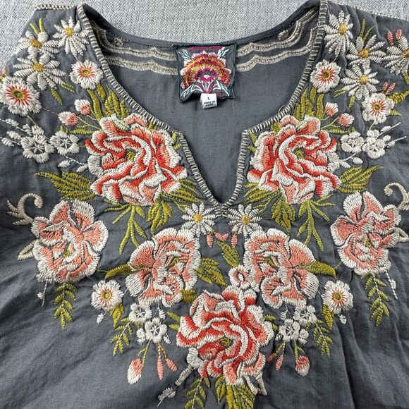 Johnny Was Embroidered Linen Top Women L Gray Floral Tunic Long Sleeve Boho - Picture 6 of 8